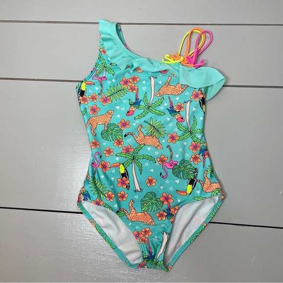 Cat & Jack Size M 7/8 Girls Rainforest Swimsuit One Shoulder Tropical Colorful - Picture 4 of 8